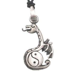  Yin Yang Winged Dragon Pewter Pendant Necklace Jewelry