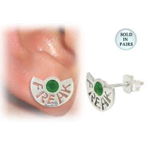  Ear Studs with the word Freak and Green Jewel Jewelry