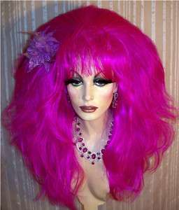 Drag Queen Wig Teased Big Long Fushia Wavey Curls  