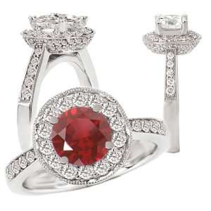   lab grown 7.5mm round ruby engagement ring with natural diamond halo