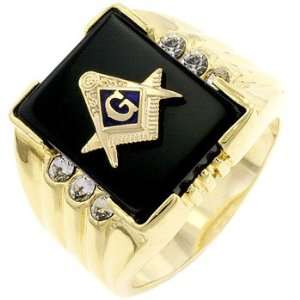 14k Gold Bonded Ring with Masonic Symbol and Sapphire and Onyx Accents 