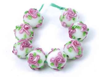 Lampwork Handmade Pink Primrose Flower 12mm Round Beads (8)  