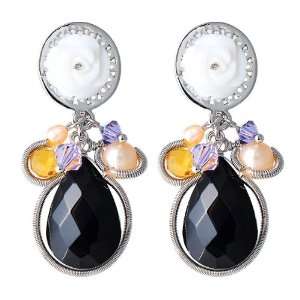   Rose Earrings with Black Crystal Glass and Fashion Pearl (2888