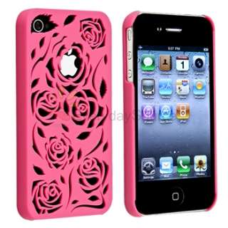 Hot Pink Carving Rose Rear Hard Case Cover+Anti Glare Film for iPhone 