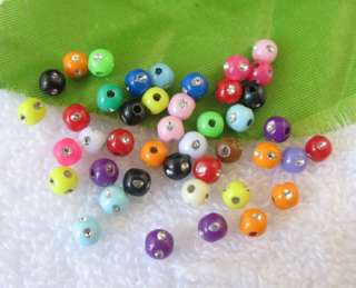 1000 Mixed colour plastic beads W/rhinestone 4mm W18705  