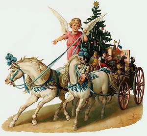   Christmas Postcard Printed onto Fabric Victorian Horses Angel  