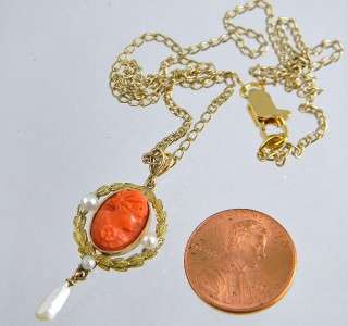 Vintage Carved Coral Cameo Solid 10K Gold Pendant Goldfilled Chain 