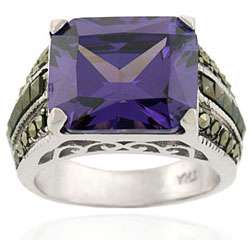   Stonez Sterling Silver Marcasite and Purple CZ Ring  
