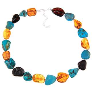 Stonique Creations Sterling Silver Turquoise and Amber Necklace 