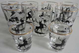 Black  White Stag Deer Set 9 Bar Glasses Tumblers 1950s  