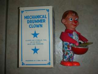 Vintage Tin Mechanical Drummer Clown Wind Up Toy  