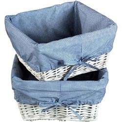White Wicker Basket Set with Navy Gingham Liners  Overstock