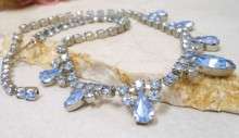 Vintage Blue Rhinestone Formal Necklace Silver Tone Jewelry  