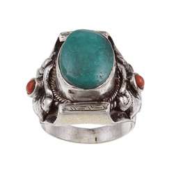 Sterling Silver Turquoise and Coral Ring (Nepal)  