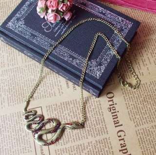 Vintage Brass Red Rhinestone Studded Snake Pendant Chain Necklace 