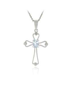 Glitzy Rocks Sterling Silver Blue Topaz Diamond Cross Necklace 