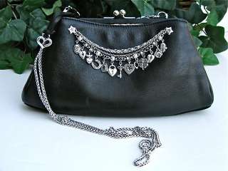 BRIGHTON ROXY Black Leather Silver Hearts Lucky Charms CLUTCH SHOULDER 