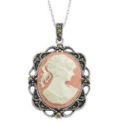 Sterling Silver Marcasite Pink Cameo Necklace  Overstock