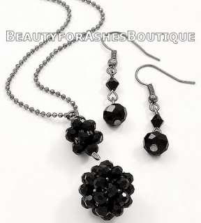 JET BLACK CRYSTAL PUFF SPHERE NECKLACE AND EARRINGS SET  