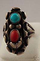 VINTAGE INDIAN TURQUOISE CORAL STERLING SILVER RING  