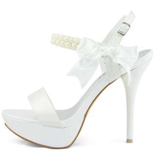 SHOEZY white satin wedding pearl bow ankle strap stiletto high heels 