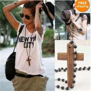   Wooden Cross Pendant Chain Long Bead Necklace x184 great gift  