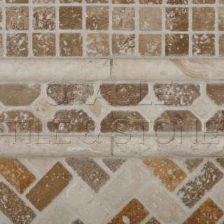 Mixed Travertine Tumbled Herringbone Mosaic Tile Mesh  