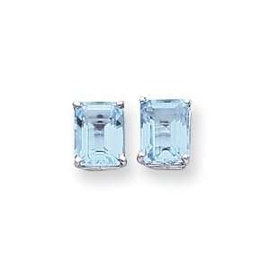  14k White Gold 9x7mm Emerald Cut Blue Topaz earring 