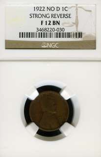 1922 NO D NGC F 12 BN STRONG REVERSE LINCOLN WHEAT CENT 1C AA164 