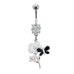   with White Flowers Belly Button Navel Ring Dangle 