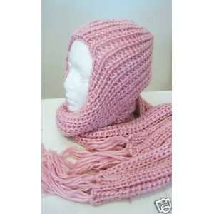  PINK Knit Hat HOOD Neck Scarf all in one, acrylic 