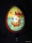 Hand Painted Russian Red Laquer Wooden Egg with Stand   Artist Signed
