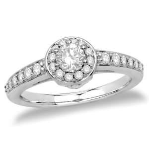 14k White Gold Round Diamond Engagement Ring with Pave Diamonds (1/3 