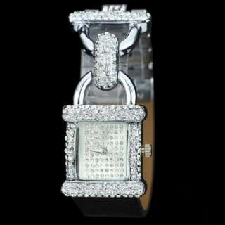   leather white chain chic hinge bangle watch swarovski clear crystal