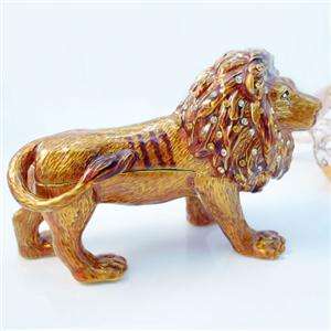 Lion Leo Animal Jewelry Trinket Box Swarovski Crystal Brown Enamel 