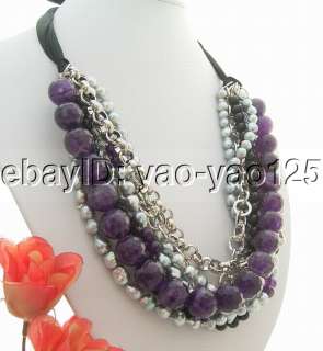 Stunning 8Strds Pearl&Onyx&Amethyst Necklace  
