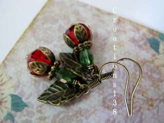   Christmas Cherry Swarovski Crystal Embossed Leaf Earrings Gift Idea