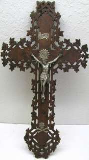   Antique Jig saw Crucifix Wood Wall Vintage Silver Corpus Jesus Christ