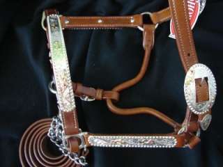 Medium leather Western Horse Show Halter Lead by Showman silver plates 