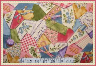   PATCHWORK FAUX SAMPLER SEWING THEME SCISSORS BUTTONS FABRIC FQ  