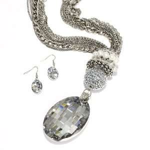 Chunky Gemstone Pendant Necklace Set; 18L; Burnished Silver Metal 