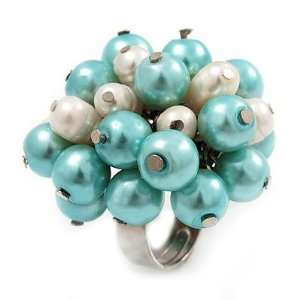 Freshwater Pearl & Bead Cluster Silver Tone Ring (Light Blue & Ivory 