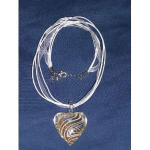   Glass Heart Gold & White Swirl Pendant w/ White Voile Corded Necklace