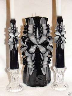 NEW HAND CARVED SILVER BLACK UNITY CANDLE WEDDING SET  