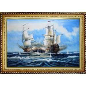 Warships in Sea Battle Oil Painting, with Linen Liner Gold Wood Frame 