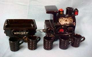 Old Redware Pottery Japan Whiskey Train w/ Shot Glasses  