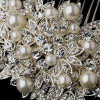 Silver Clear Crystal & White Pearl Bridal Comb  