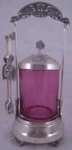 CRANBERRY GLASS METAL AND GLASS PICKLE CASTER  