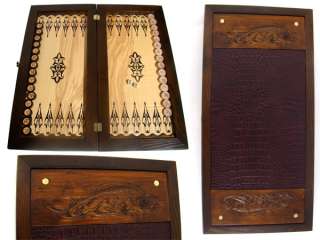 20 Big BACKGAMMON Set Hand Carved PANTHER Wood Leather  