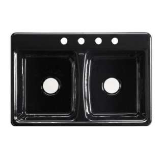   31 7/8 in.x 10.63 in. 4 Hole Double Bowl Kitchen Sink in Black Black